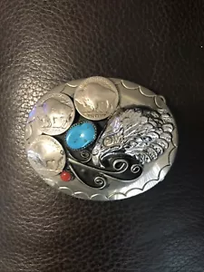 Native American Silver Handmade Turquoise Coral Western Belt Buckle - Picture 1 of 3