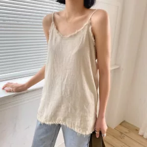 Women Plain Linen Tank Tops Vest Camisole V Neck Ripped Trim Sexy Undershirt New - Picture 1 of 12