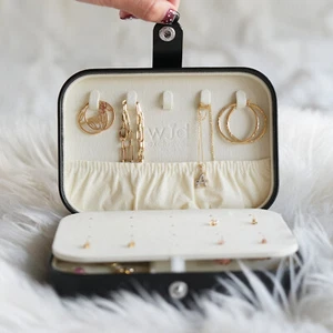 Compact PU Leather Double Layer Jewelry Organizer Box Portable Black Travel Case - Picture 1 of 24