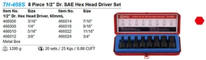 Genius Tools 8 pcs 1/2" Dr. SAE Hex Head Driver Set - TH-408S - Picture 1 of 1