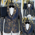 Men's Printed Suit Dark Blue Jacket 3 Piece Shawl Collar Business Party Custom