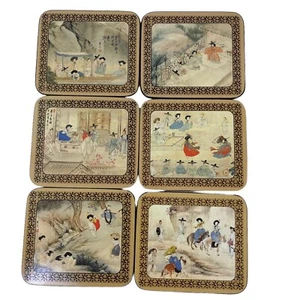 Set of 6 Korean Genre Picture Coasters Asian Scenes Square Cork Backed NIP - Picture 1 of 12
