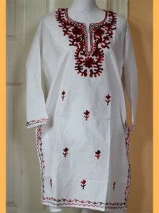Lange Baumwolltunika Oberteil Kurti rot burgunder bestickt weiß Farbe!! - Bild 1 von 5