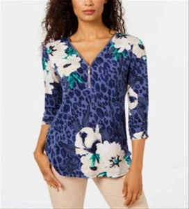 JM Collection Women's Mixed Print Zippered Neck Top Blue Size Small - Picture 1 of 3