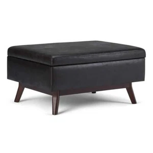 Simpli Home Ottomans Owen 34" Rectangle Coffee Table Storage Black Faux Leather - Picture 1 of 9