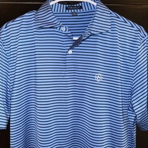 Peter Millar Crown Crafted Performance Golf Polo Blue Stripe Medium Skokie CC - Picture 1 of 8