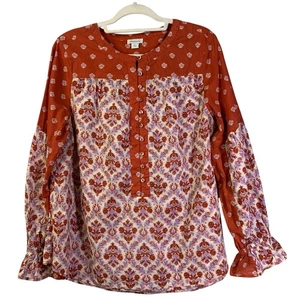 SUNDANCE Blouse Large Boho Floral Patchwork Half Button Elastic Ruffle Cuff - Picture 1 of 11