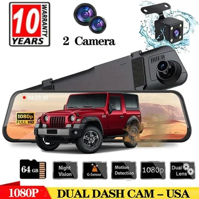 Dual Dash Cam 1080p Car Front/Rear/Inside Recorder Camera G-sensor w/64GB Card