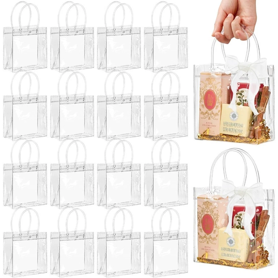 Прозрачные пластиковые подарочные пакеты с ручками упаковка 16 шт., 5,9x6,3x2,8 дюйма многоразовые для вечеринок - Изображение 1 из 4