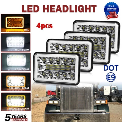 4pcs 4x6'' LED Headlights Hi/Lo w/DRL For Peterbilt 379 378 Freightliner FLD120 - Image 1 of 4