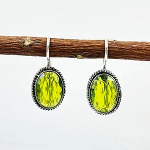 925 Sterling Silver Rose Cut Green Peridot Gemstone Jewelry Dangle/Drop Earring - Picture 1 of 4