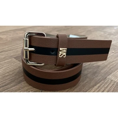 STEVE MADDEN Womens Belt M Stripe Inlay Faux-Leather BrownBlack Gold Logo Classy - Image 1 of 4