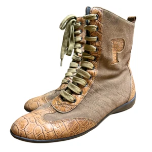 Pollini Croc Embossed Western Boots 36 Womens 6 Suede High-Top Lace-Up Boho - Picture 1 of 6