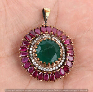 Antique Round Halo Cluster Pendant Round Cut Emerald & Ruby 14K Yellow Gold Over