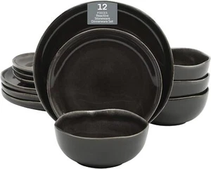 12 Piece,Plates and Bowls Reactive Glaze Dishes Stoneware Ceramic Dinnerware Set - Picture 1 of 7