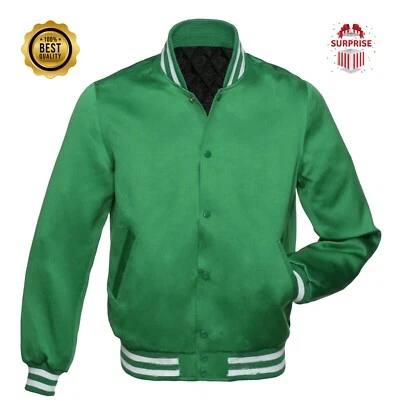 Chaqueta universitaria de béisbol estilo bombardero verde a presión completa para hombre Letterman Foto 1 de 4