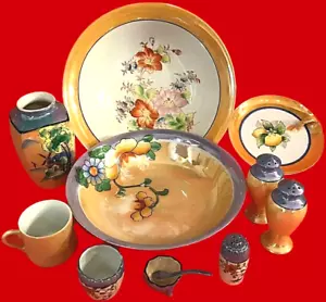 LUSTERWARE BOWLS SALT PEPPER VASE PLATE CUP VINTAGE LOT OF 11 JAPAN - Picture 1 of 13