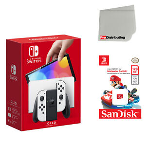 Nintendo Switch OLED blanc, SanDisk 128 Go carte microSD et tissu de nettoyage d'écran