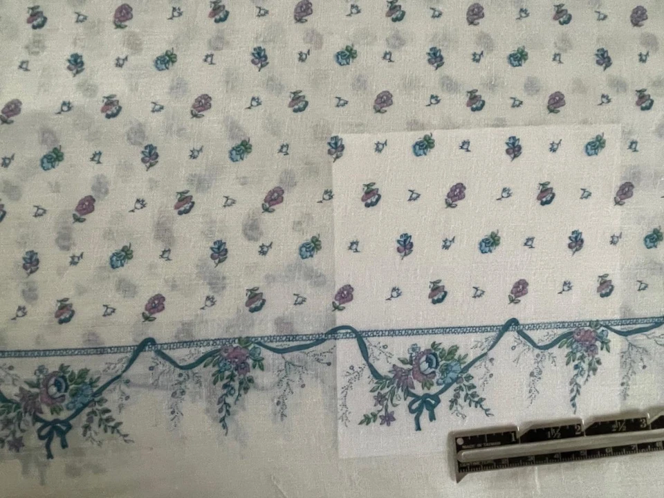 Cotton VOILE Fabric~Floral Ribbon Border Print~Lav+Blue+Grn:White~3.3yX44~Dolls - Image 1 of 1