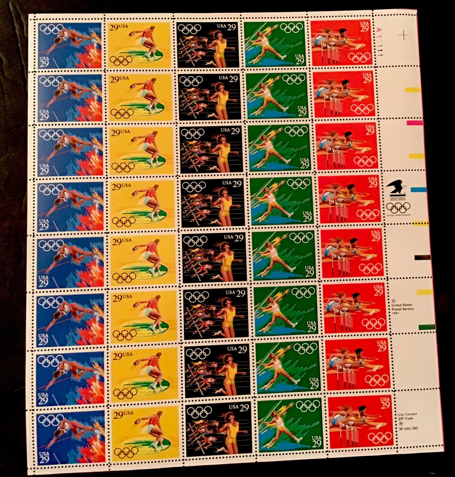 U.S. SHEET OF 40 SCOTT#2557a 1991 29ct SUMMER OLYMPICS MNH P#A11111 BELOW FACE - Image 1 of 3