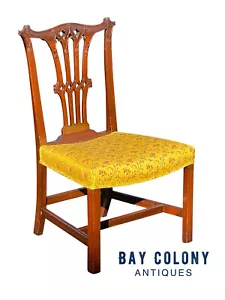 ANTIQUE CHIPPENDALE MAHOGANY SIDE CHAIR WITH PIERCED CARVED SPLAT & GOLD FABRIC - Picture 1 of 8