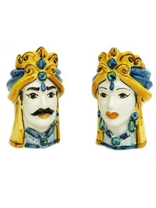 Coppia teste di moro h15 cm in ceramica di caltagirone sicilia decoro giallo - Foto 1 di 4