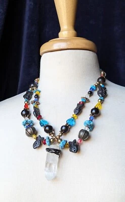Colar de metal vintage artesanal declaração ousada PEIXE CONTAS azul cristal quartzo mistura  - Imagem 1 de 4