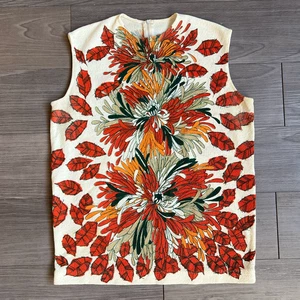 Vtg 60s Mod Acrylic Devon Autumnal Floral Leaf Print Sleeveless Cream Top Size L - Picture 1 of 4