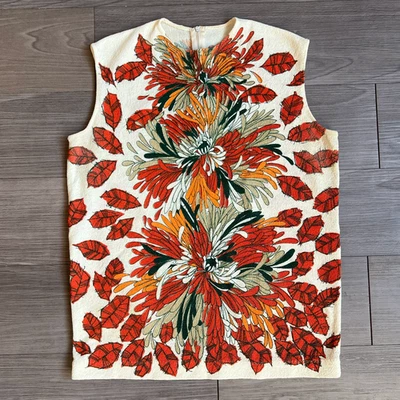 Vtg 60s Mod Acrylic Devon Autumnal Floral Leaf Print Sleeveless Cream Top Size L - Image 1 of 4