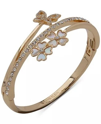 Anne Klein Gold-Tone Pavé Butterfly & Mother-of-Pearl Flower Bangle Bracelet - Image 1 of 4