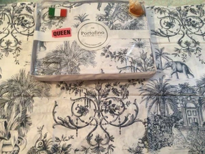 Portofino Italian QUEEN Sheet Set Plants & Elephant toile Print White Navy Blue - Picture 1 of 8