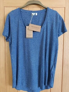 Celtic &Co Blue Ink Stripe Linen Blend Scoop Neck T Shirt NEW UK 14 - Picture 1 of 4