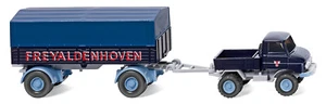 WIKING - Camion pianale MERCEDES UNIMOG U411 4X2 con rimorchio a cassone 2 as... - Foto 1 di 1