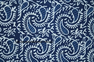 Natural Cotton Indian Hand Block Print Fabric 25 Yard Indigo Blue Floral Print - Image 1 of 3