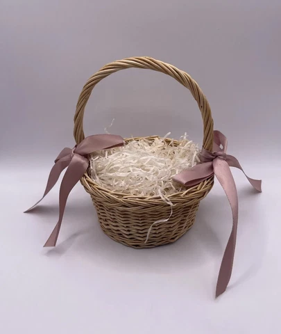 Decorative Wood Mini Basket With Flowers Pink Ribbon Bow on Handles *** Cover