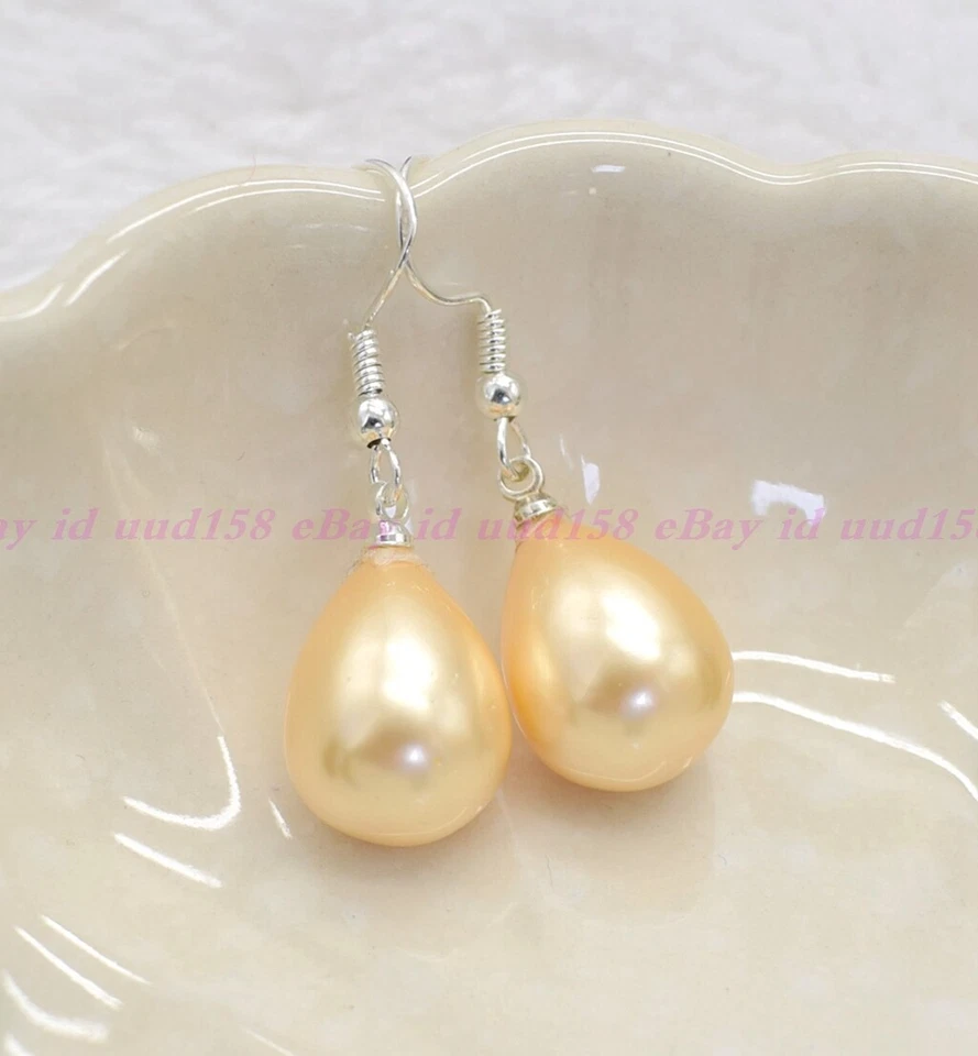 Pretty 12x16mm Real South Sea Shell Pearl Teardrop Silver Dangle Earrings AAA - Image 1 of 1