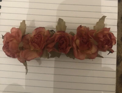 Vintage Victorian Dusty Rose Pink Silk Flowers 4”L Large Silver Metal Barrette - Image 1 of 4