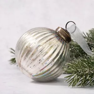 Christmas Ornament Silver 3 inch Ribbed Mercury Glass Ball Holiday Decor - Picture 1 of 2