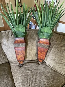 PairTropical Wall Metal Vases Metal Succulent Palms 36" Ht Bird Art Inlay - Picture 1 of 8