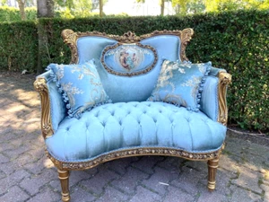 Sofa Loveseat Antique French Louis XVI Gold Leaf Blue Velvet Corbeille Beech - Picture 1 of 13