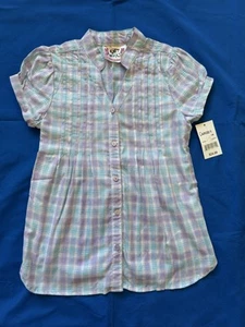 NEW w/Tags Vintage Girls Purple Teal Plaid Button Up Shirt Short Sleeves 6 - Picture 1 of 8