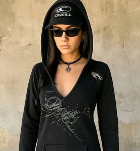 O'NEILL Black Long Hoodie Tunic M V-Neck Kangaroo Pocket Graphic Y2K Grunge Surf - Picture 1 of 10