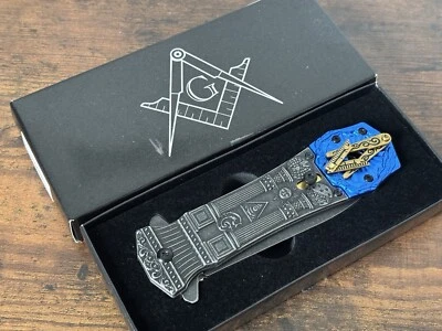 Mason Knife Spring Assist Pocket Knife Blue Gray Belt Clip Spear Point G Masonic - Image 1 of 4