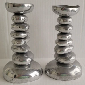 VINTAGE MICHAEL ARAM RIVER ROCK CANDLESTICK PAIR 7 1/4" PEWTER - Picture 1 of 11