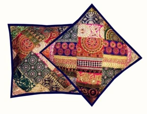 16"-2 VINTAGE SARI NEW HOME GIFT SEQUIN BEAD ACCENT FLOOR CUSHION PILLOW COVERS - Picture 1 of 14