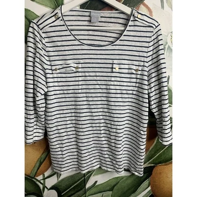 Camisa Chicos Grande 2 Rayas Blanco y Negro Lino Tab Hombros Mangas 3/4 Top Foto 1 de 4