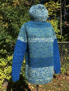 DICKER HANDSTRICK PULLOVER & MÜTZE Set Wolle passend Long Fit Grün Blau Space Dyed S - Bild 1 von 8