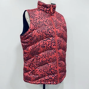 LANDS END L Women's Pink Floral Down Puffer Vest Full Zip Snap Pockets Outdoors - Picture 1 of 16