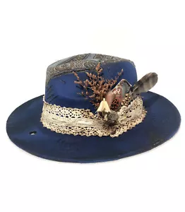 Tazzle’s 1of1 Womens Custom Western Fedora Hat-Blue Felt, Wild Flowers, Lace … - Picture 1 of 21