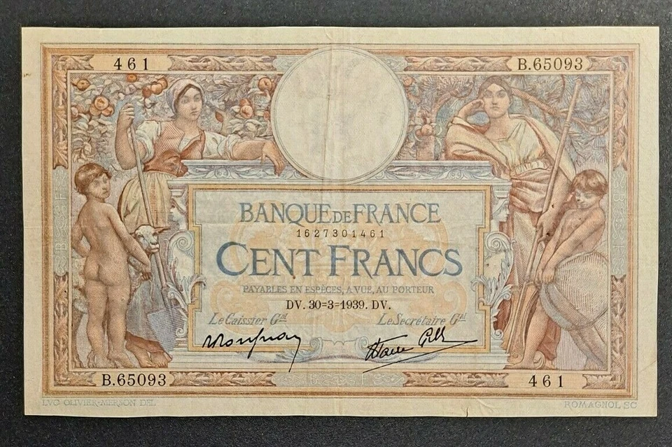 1939 France 100 Francs Pick# 86b -Nice High Grade Collector Banknote!!d4787sudc2 - Image 1 of 2